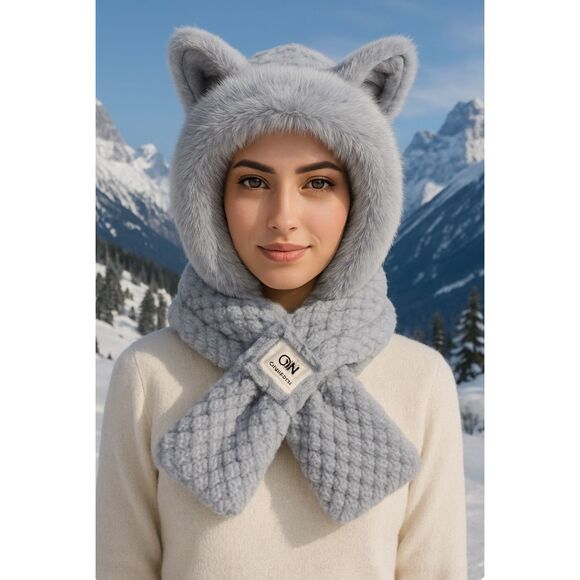 trishswishes Accessories - Gray Plush Hooded Scarf Hat With Animal Ears – Faux Fur Winter Wrap